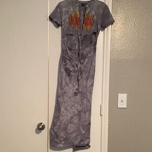 Gray Tie-Dye Dress with Flame Graphic